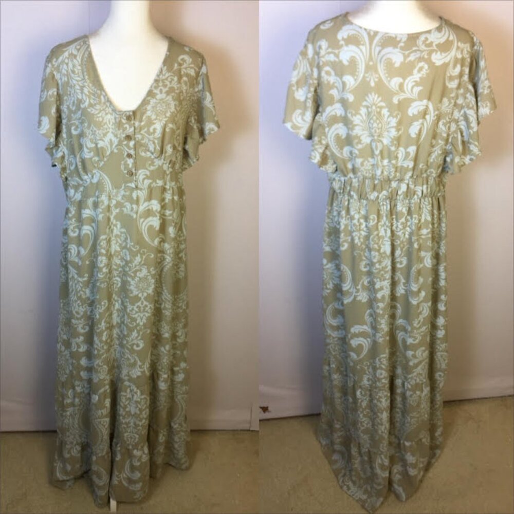 Inner Circle Maxi Dress XL Woman Beige White Floral Flutter Sleeve Elastic Waist